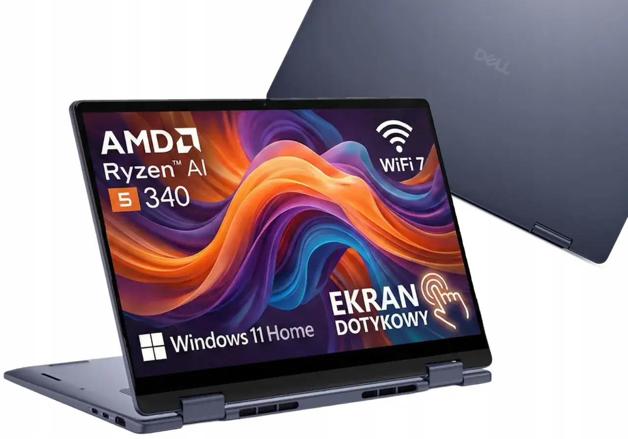 Nowy laptop Dell z ekranem 1080p, procesorem AMD Ryzen AI 5 340, Wi-Fi 7 i dotykowym ekranem.