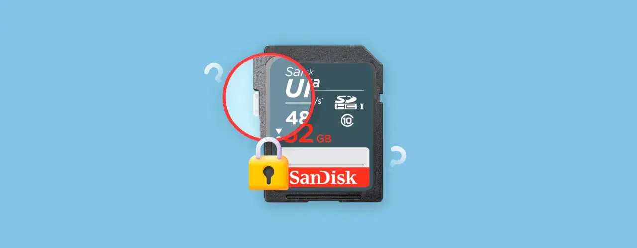 Karta SD SanDisk 32GB z zablokowanym przełącznikiem. Dysk jest zabezpieczony przed zapisem.