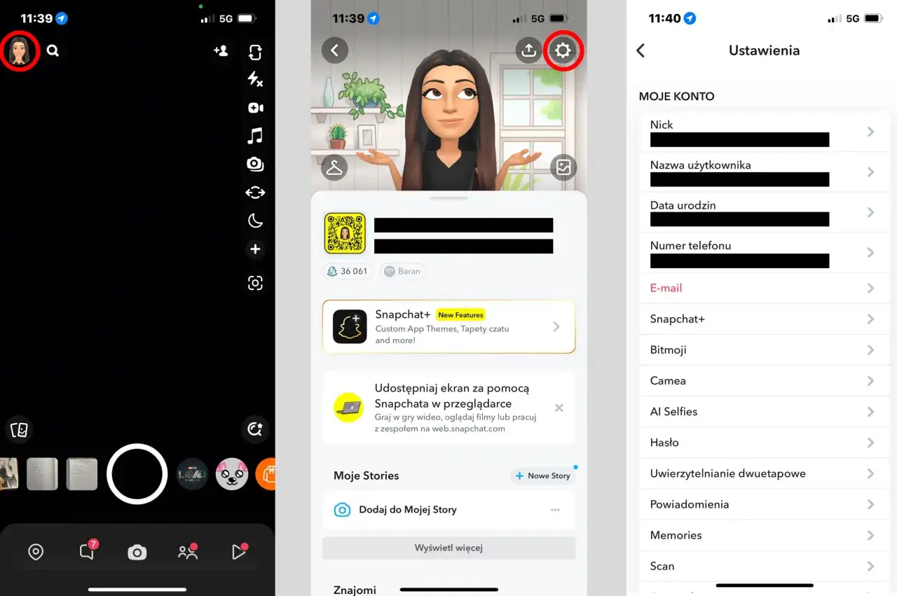 Ekran ustawień Snapchata. Widok profilu, gdzie można sprawdzić, jak odzyskać dni na Snapie, przeglądając opcje konta.