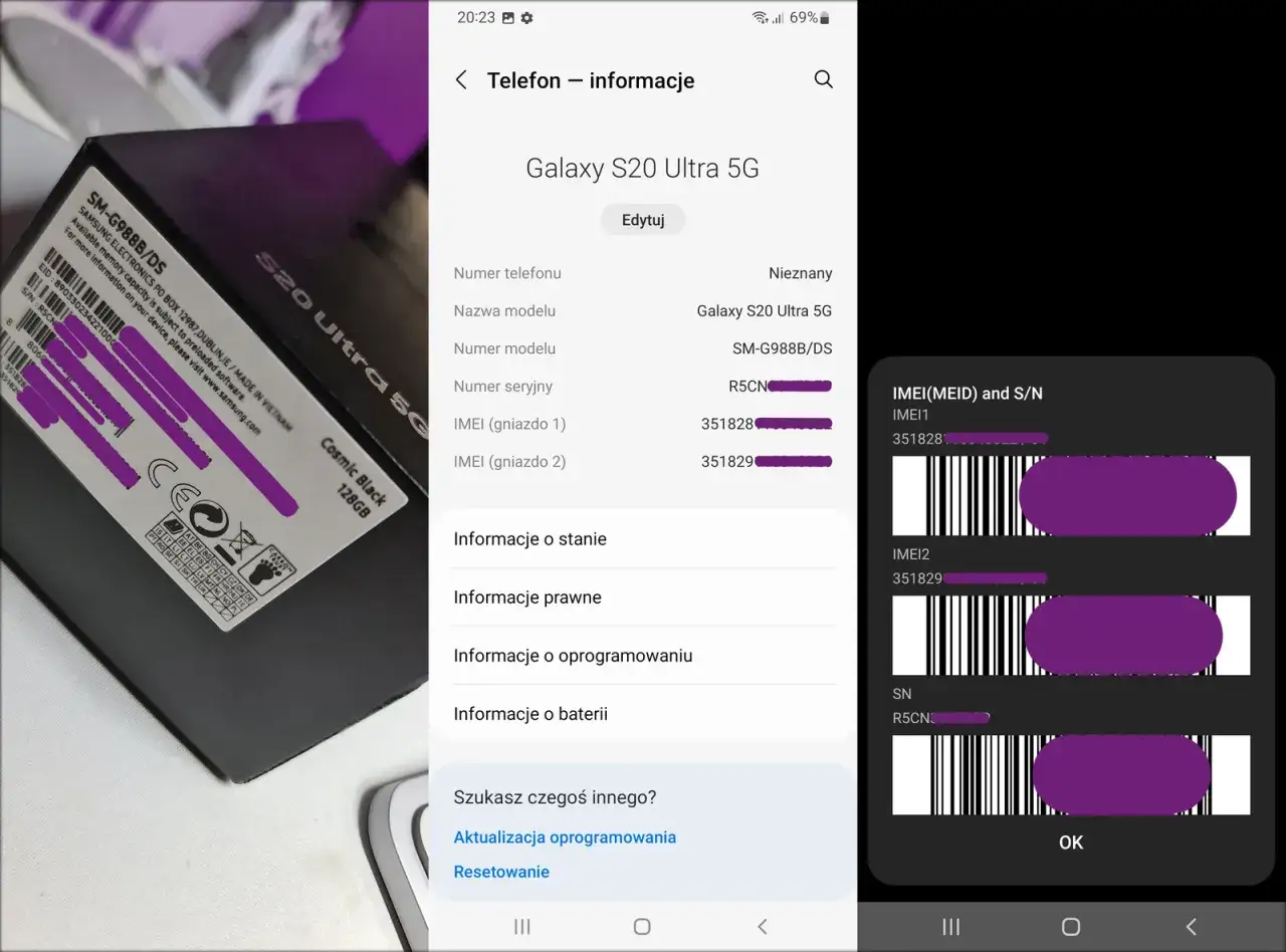 Na ekranie telefonu widać informacje o urządzeniu, w tym numery IMEI. To jeden ze sposobów, jak sprawdzić historię telefonu.