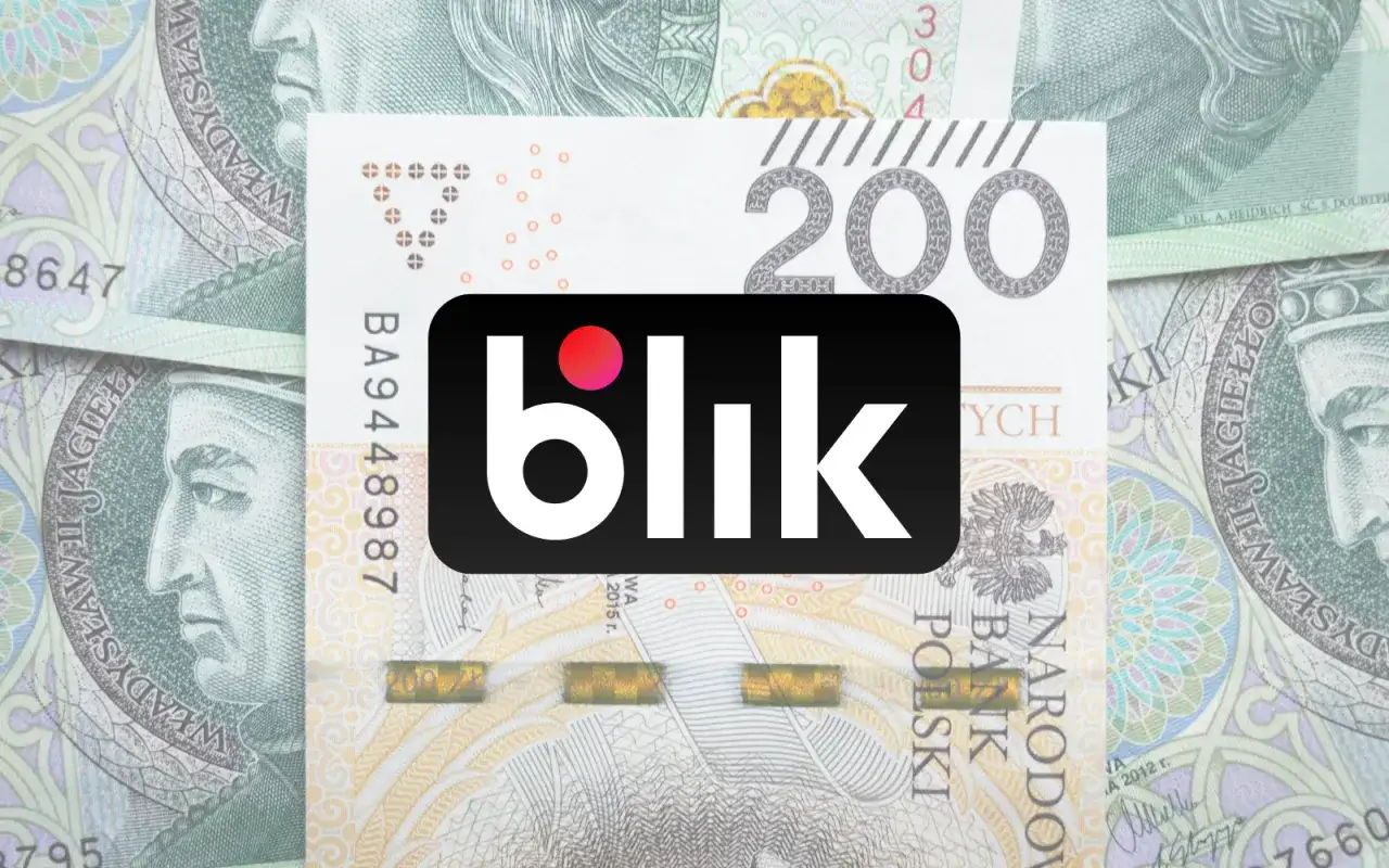 Logo Blik na tle banknotów 200 zł. Szybki i anonimowy przelew blik.