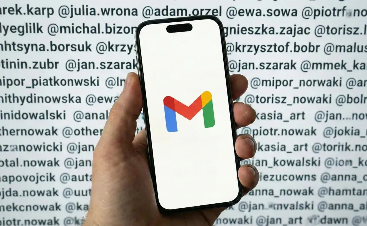 Dłoń trzyma smartfon z logo Gmail. Czy można zmienić nazwę Gmail? Tysiące nazw użytkowników w tle.