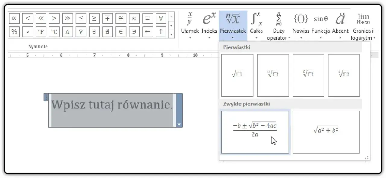 Wstawianie ułamków i pierwiastków w Wordzie. Menu 