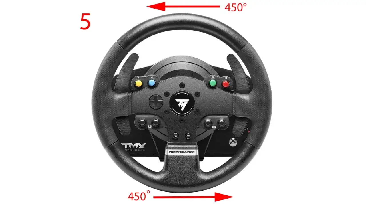 Kierownica Thrustmaster TMX z 450° obrotu, idealna do podłączenia kierownicy do Xboxa i rozpoczęcia wyścigów.