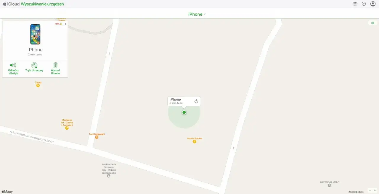 Jak namierzyć wyłączony telefon? Na mapie widać lokalizację iPhone'a, który zgubił się 2 minuty temu.
