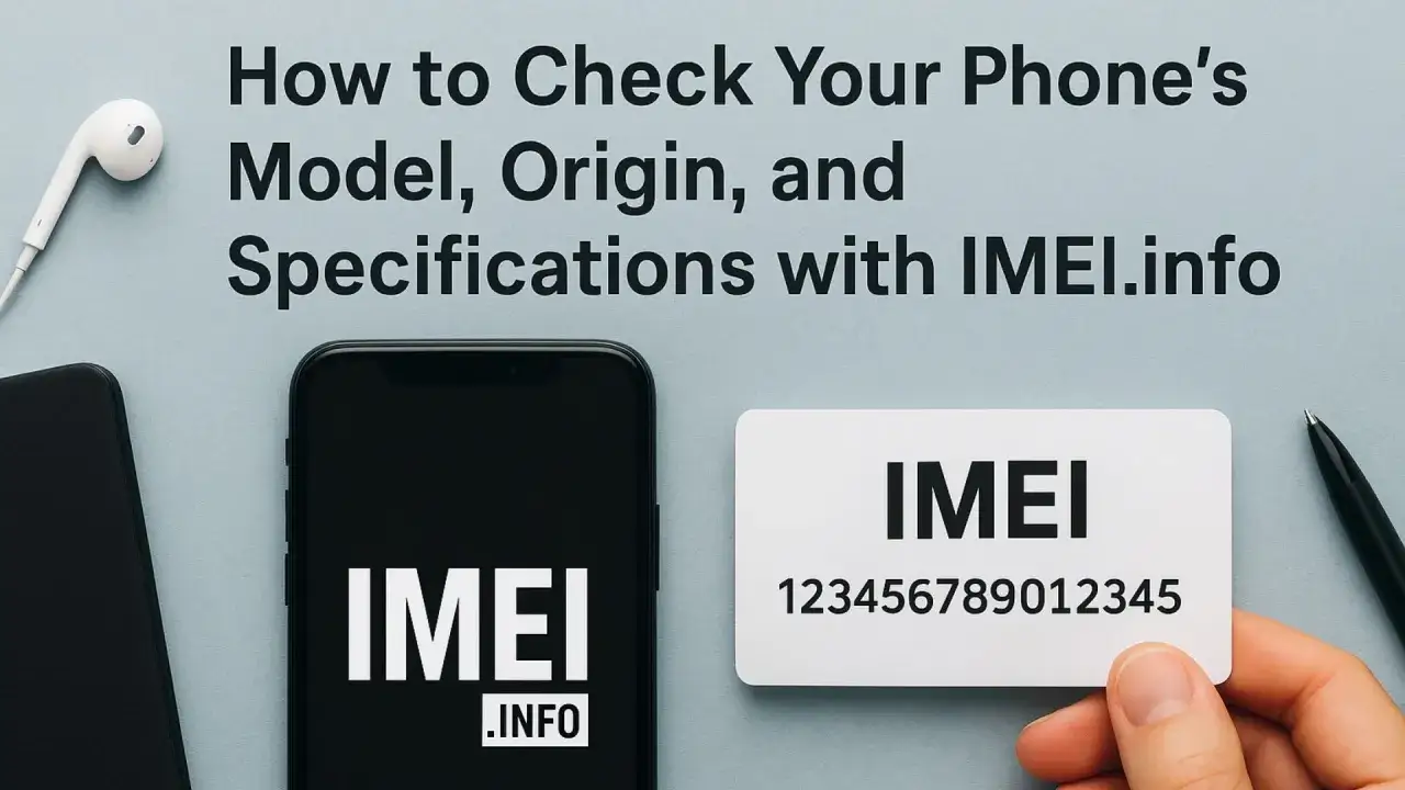Dowiedz się, jak sprawdzić historię telefonu, model, pochodzenie i specyfikacje za pomocą IMEI.info. Na zdjęciu telefon, słuchawki i karta z numerem IMEI.