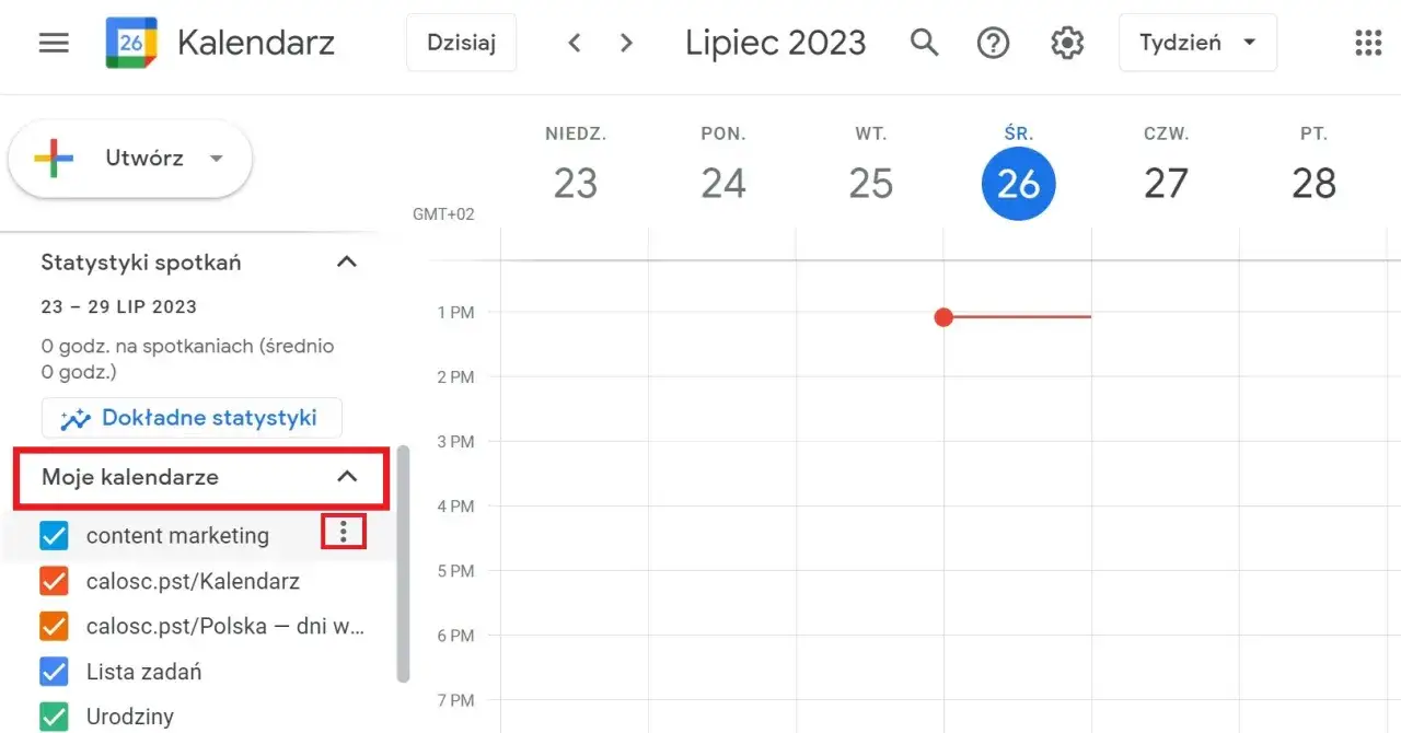 Widok kalendarza Google z opcją udostępniania kalendarza Google. Widoczne są daty, lista kalendarzy i statystyki spotkań.