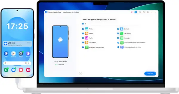 Odzyskiwanie danych Android z telefonu Xiaomi za pomocą Dr.Fone. Wybierz typy plików do odzyskania: zdjęcia, filmy, kontakty i inne.