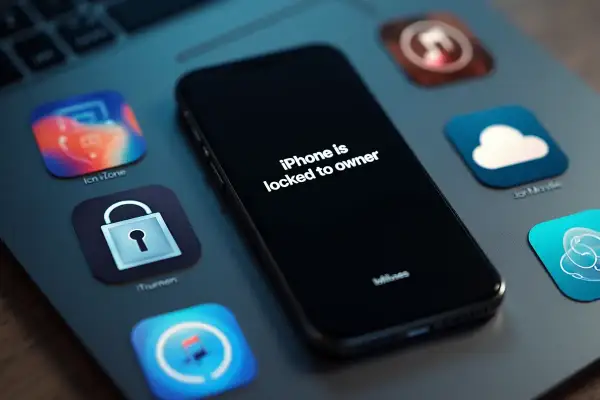 Zablokowany iPhone z komunikatem "iPhone is locked to owner" na ekranie, otoczony ikonami aplikacji, w tym kłódką i chmurką.
