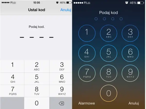 Blokada ekranu iPhone. Ustawianie kodu PIN, widoczna klawiatura numeryczna i cztery kreski symbolizujące wprowadzane cyfry.