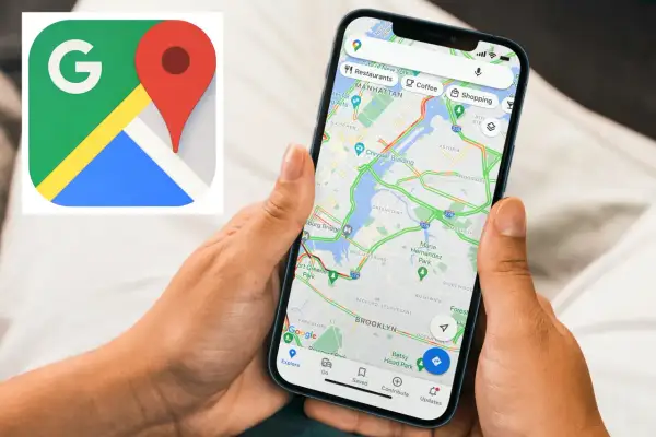 Dowiedz się, jak wysłać pinezkę z telefonu, korzystając z map Google. Na ekranie widać aplikację i mapę Nowego Jorku.