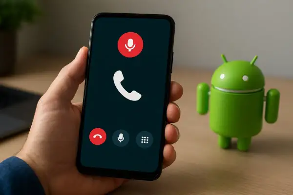 Dłoń trzyma smartfon z ekranem rozmowy przychodzącej. Obok stoi zielona figurka Androida, sugerując nagrywanie rozmów android.