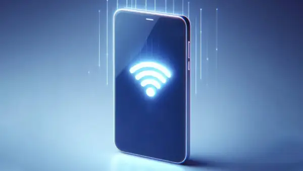 Telefon z ikoną Wi-Fi emitującą światło, symbolizującą jak udostępnić internet z telefonu na telefon.