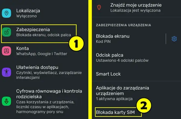Ekran telefonu pokazuje ustawienia zabezpieczeń. Aby dowiedzieć się, jak usunąć PIN z karty SIM, wybierz "Blokada karty SIM".