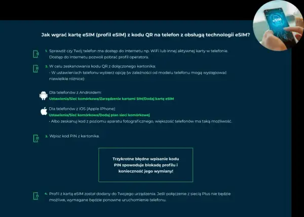 Instrukcja wgrywania profilu eSIM na telefon z obsługą technologii eSIM, np. z oferty Cyfrowy Polsat.
