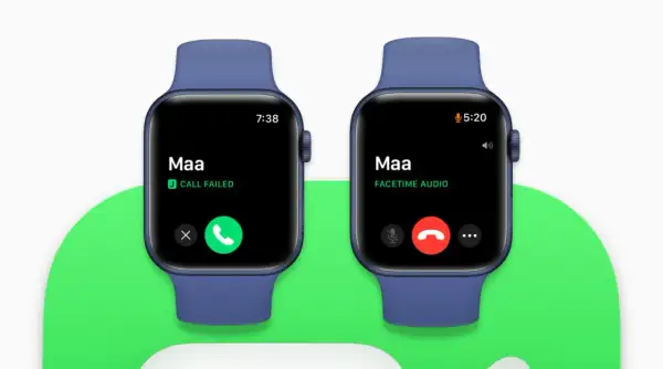 Dwa zegarki Apple Watch pokazują ekran połączenia. Jeden wyświetla "CALL FAILED", drugi "FACETIME AUDIO".