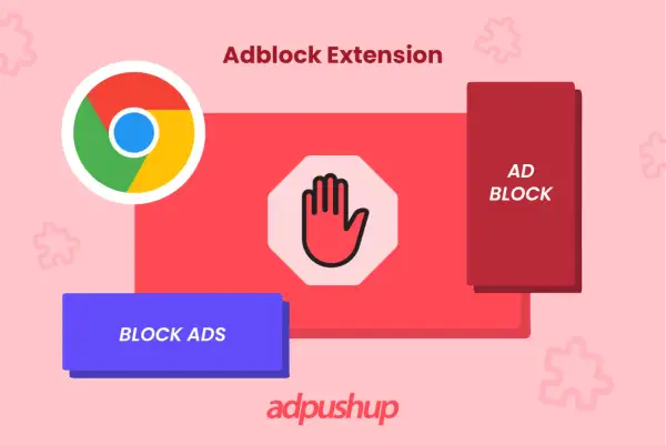 Logo Chrome i symbol stop z napisem "AD BLOCK" sugerują rozszerzenie Adblock dla Chrome na Androida.