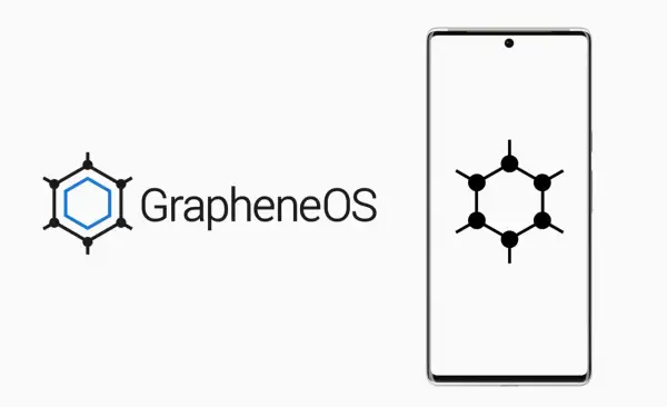 Logo GrapheneOS z symbolem grafenu i nazwą systemu. Obok smartfon z tym samym symbolem na ekranie.