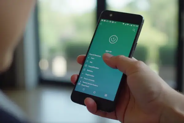 Osoba dotyka ekranu telefonu Oppo, szukając opcji "opner", która może pomóc w wyłączeniu telefonu.
