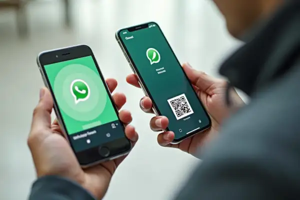 Dwie osoby trzymają telefony, jeden z logo WhatsApp, drugi z kodem QR. Pokazuje to, jak przenieść WhatsApp na nowy telefon.